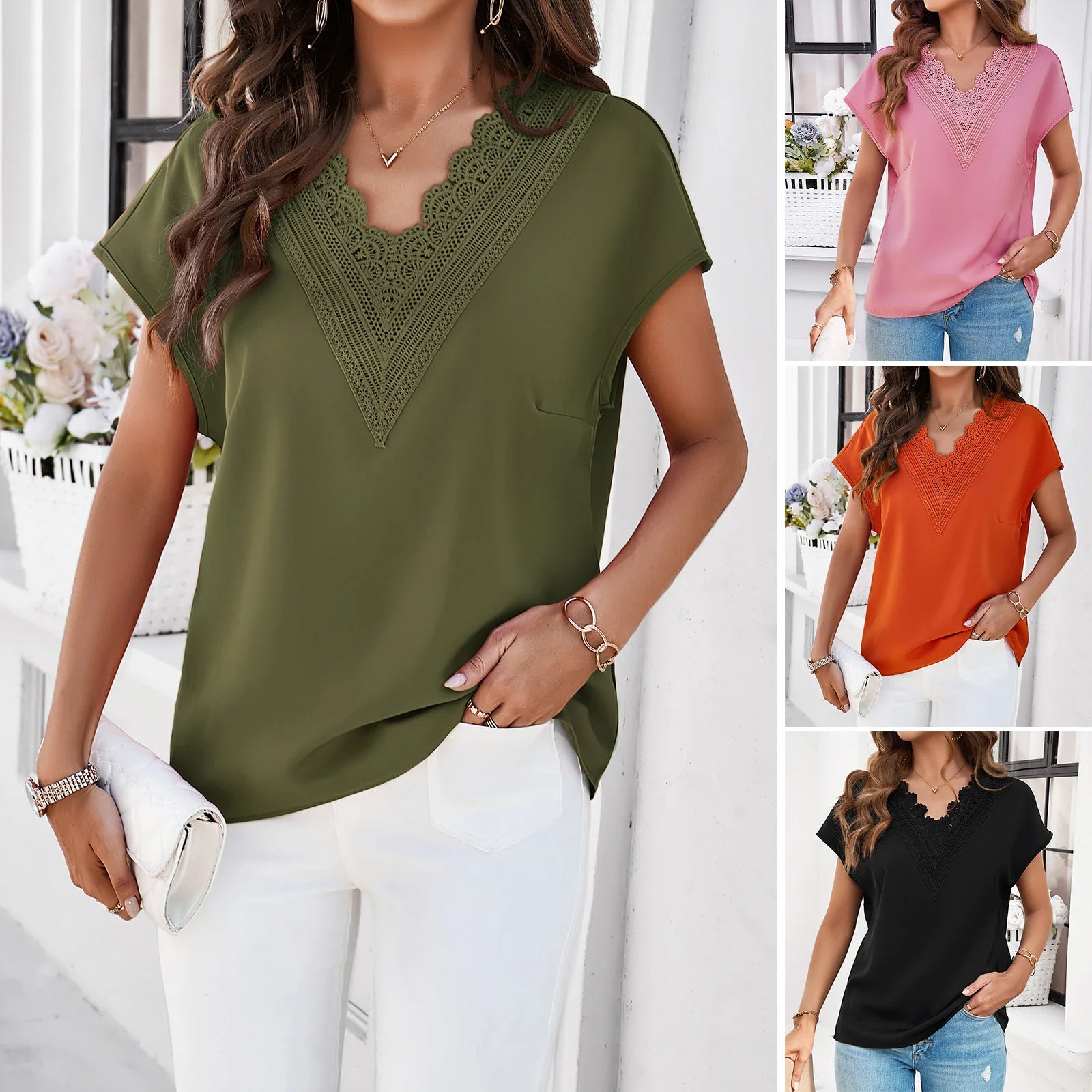 חולצה - Lace Trim V-Neck