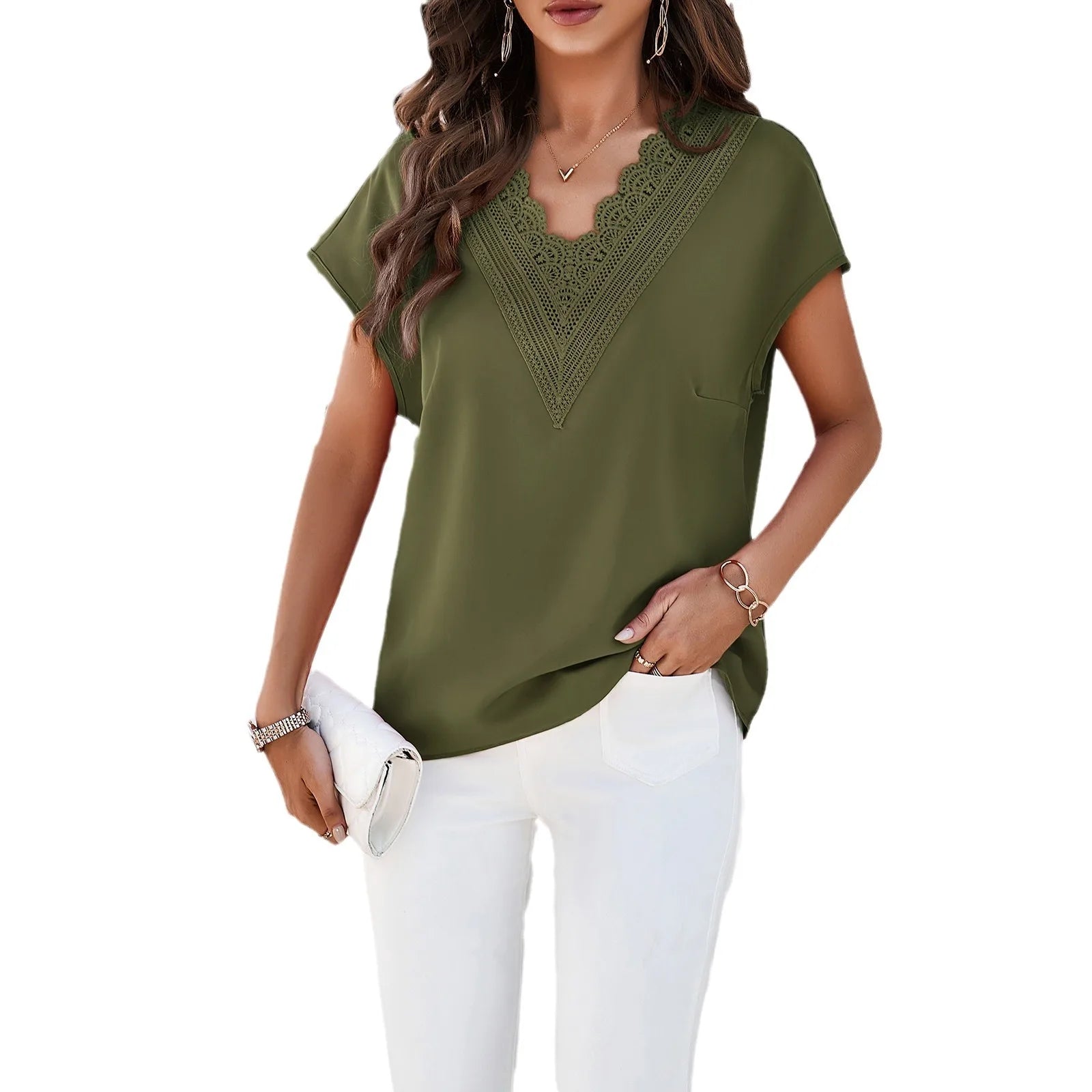 חולצה - Lace Trim V-Neck